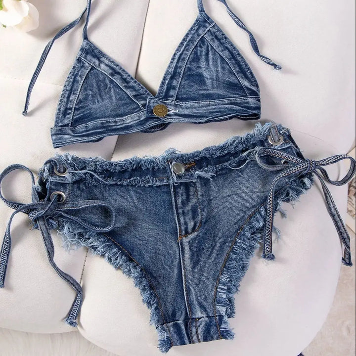 DEKA Brazilian Denim Bathing Suit Women Suits Bikini Set Lace Up Drawstring Beachwear Solid Summer Vintage Two-pieces Swimwear