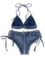 DEKA Brazilian Denim Bathing Suit Women Suits Bikini Set Lace Up Drawstring Beachwear Solid Summer Vintage Two-pieces Swimwear