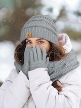 LOROME Winter Beanie Hat Scarf Gloves Set Light Gray Acrylic Size 5 1/8-7 7/8